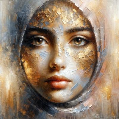 The primary subject of the image is a woman's face, which is the main focus of the painting. The setting is a painting of a woman's face, and the visual style is a painting with a gold background. The colors and mood of the painting are warm and inviting, with the gold background adding a touch of luxury and elegance to the image.